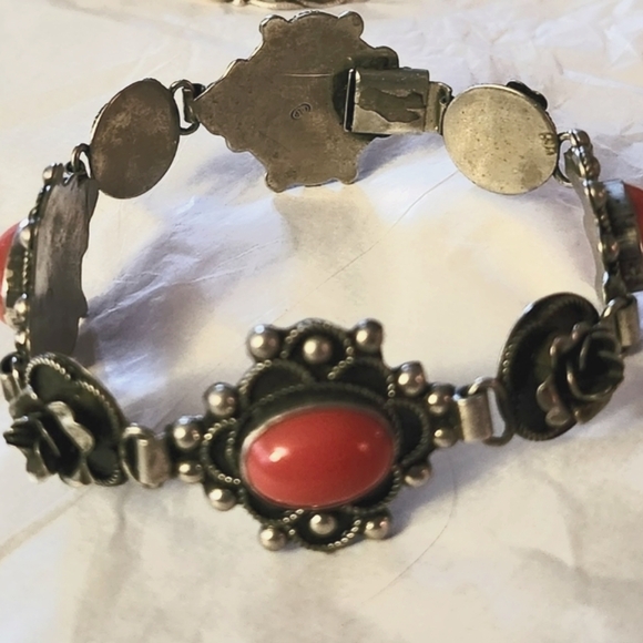 Vtg PLP Iguala Mexico Sterling Silver Red Coral Rose Link Bracelet - Picture 3 of 7